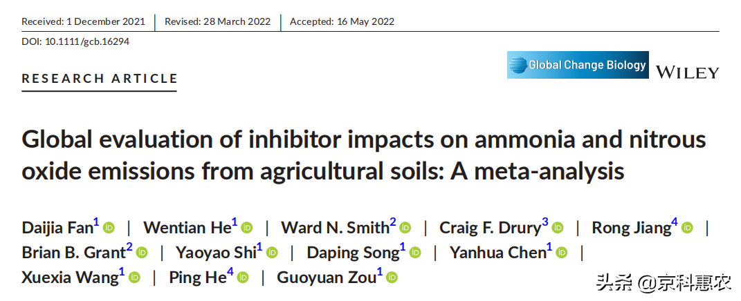 【科研进展】北京市农林科学院资环所在抑制剂施用降低农田NH3与N2O排放驱动机制研究方面取得重要进展