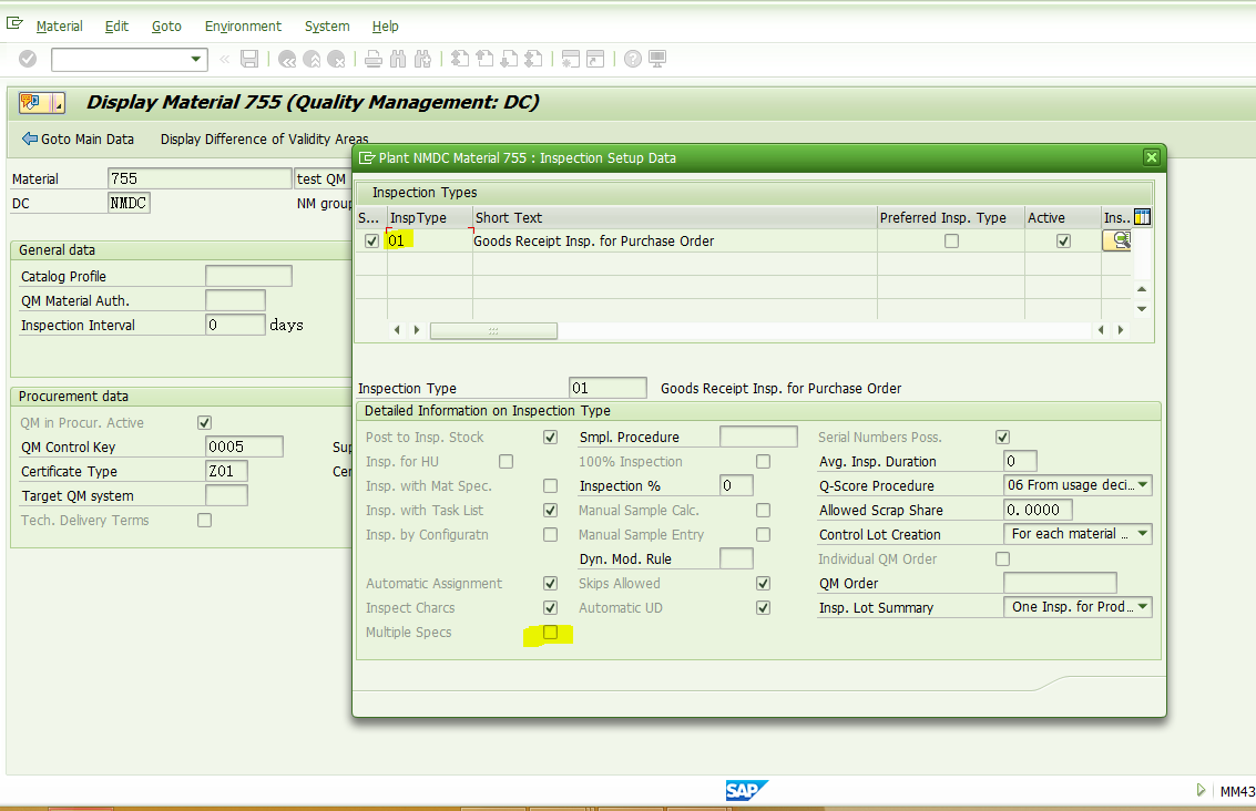 SAP 执行QE01为录入结果直接进入Multiple Specification标签页？