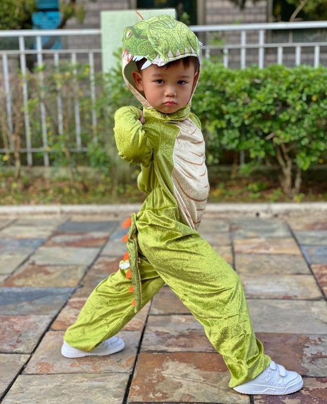 胡杏儿俩儿子扮恐龙，哥哥神情生动搞怪，闭眼亲吻弟弟超有爱