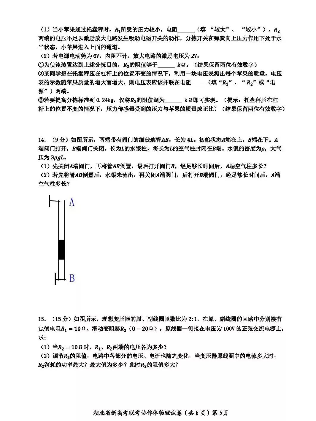 2022年湖北省新高考联考协作体高二期中考试——物理、化学试题