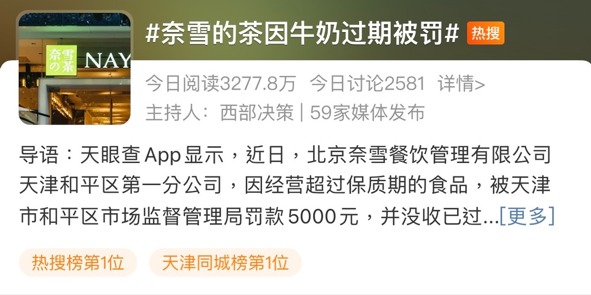 所能网络舆情监测：奈雪的茶因牛奶过期被罚上热搜第一