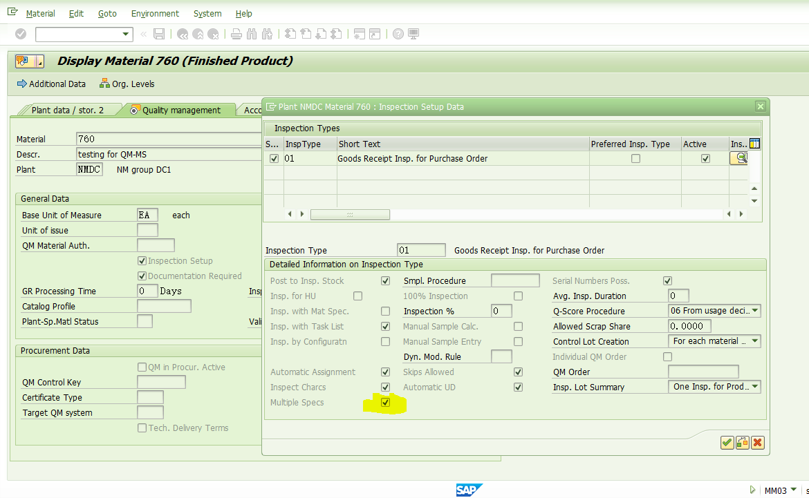 SAP 执行QE01为录入结果直接进入Multiple Specification标签页？