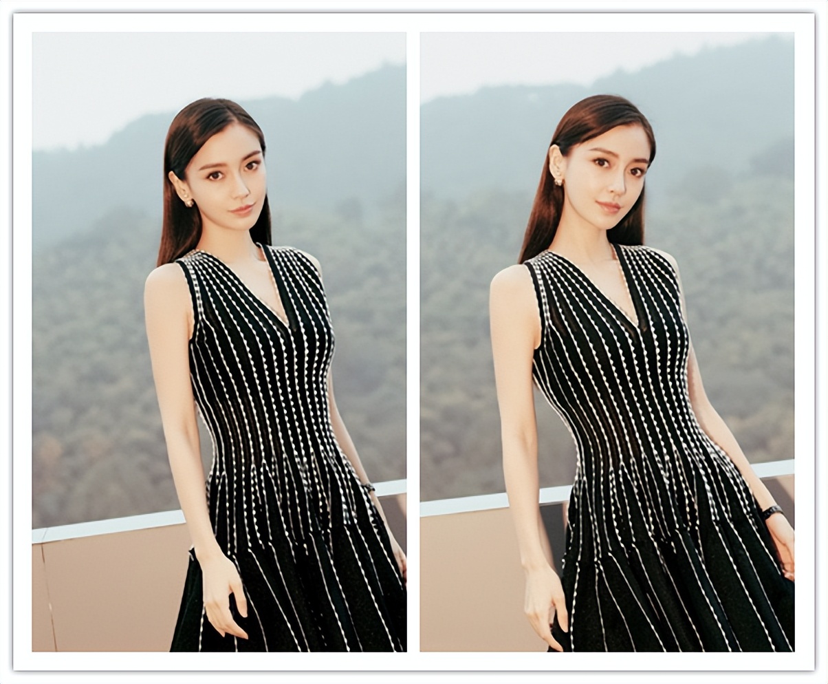 杨颖穿朴素的服装也很好看，低调的条纹服装，在她身上就更高级