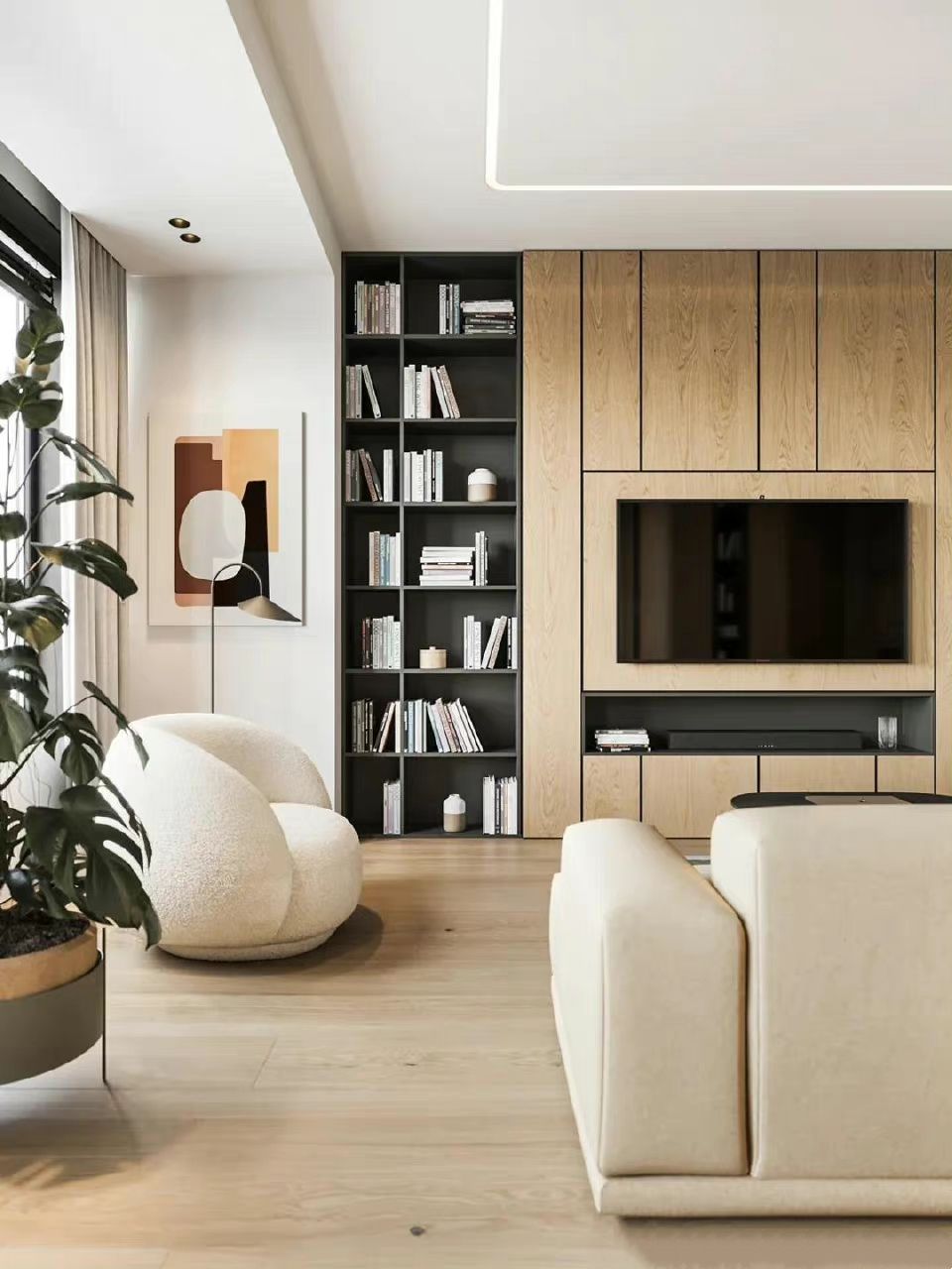 与其做满墙电视柜,不如留40㎝做书架,一柜两用,教科书级模板