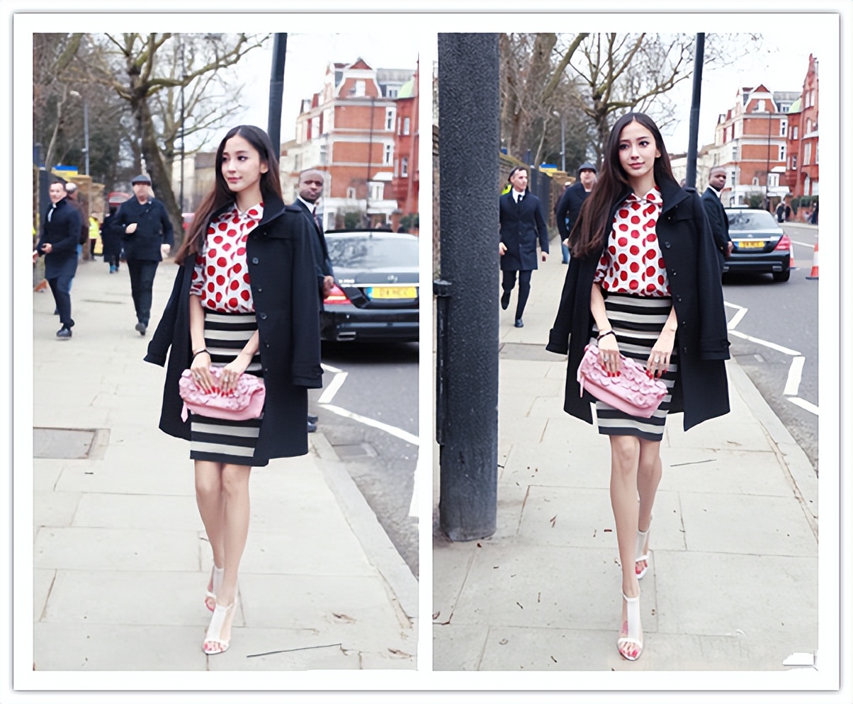 杨颖穿朴素的服装也很好看，低调的条纹服装，在她身上就更高级