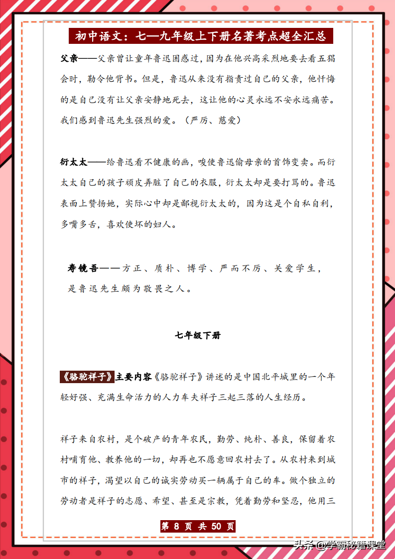 班主任：初中三年（必考）12本名著导读｜考点梳理50页，家长打印