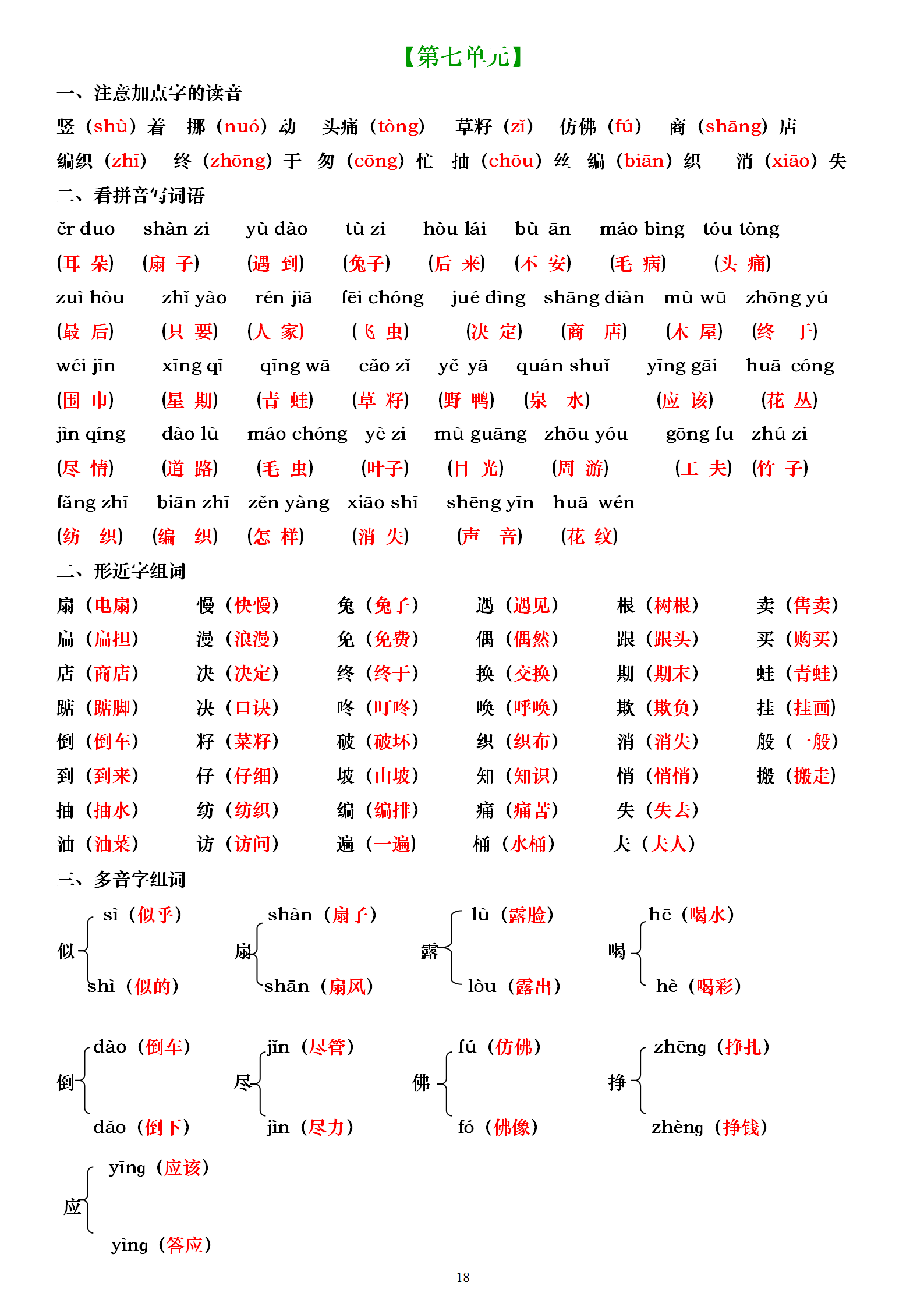 二年級語文下冊,基礎知識生字,組詞,多音字,詞語搭配,備用