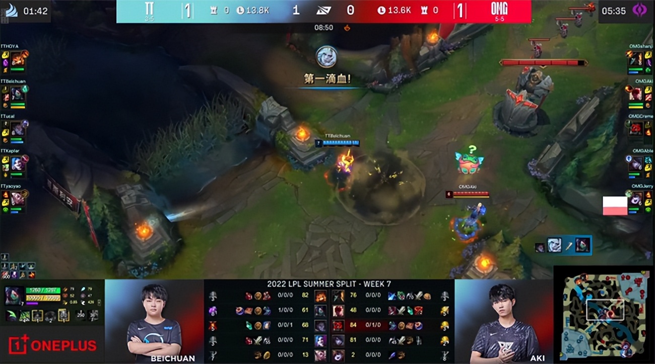 LOL-LPL：ucal沙皇单吃下路组伤害爆炸，TT稳健运营2-1掀翻OMG