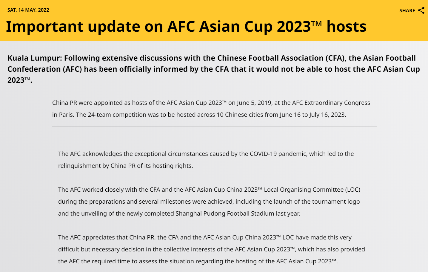 2023年中国亚洲杯不在中国举行，将易地举办…