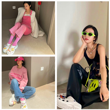 我愿称周雨彤为娱乐圈最喜欢穿洞洞鞋的女星，洞洞鞋穿搭请朝她看