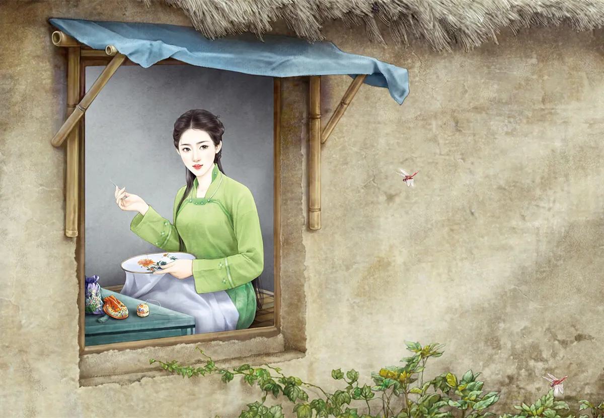 一组古早风的插画,带你沉浸式体验古代女子工作的方方面面