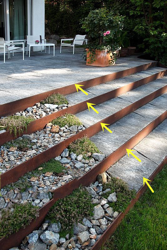 庭院做成階梯式 不用打水泥 廢舊金屬框填滿石礫 一層又一層 Me前沿