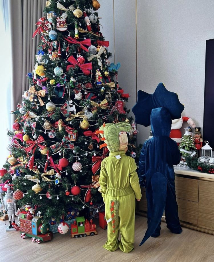 胡杏儿俩儿子扮恐龙，哥哥神情生动搞怪，闭眼亲吻弟弟超有爱