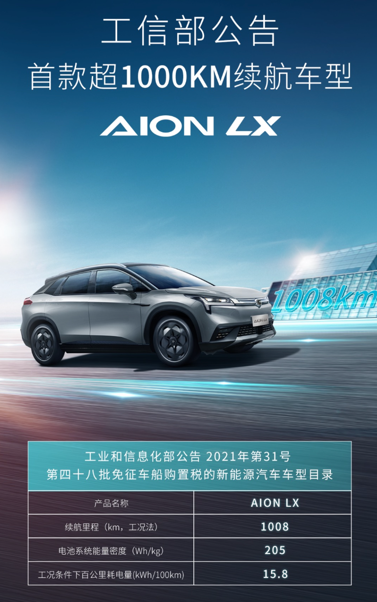 首款超1000km续航纯电，AION LX登上工信部目录