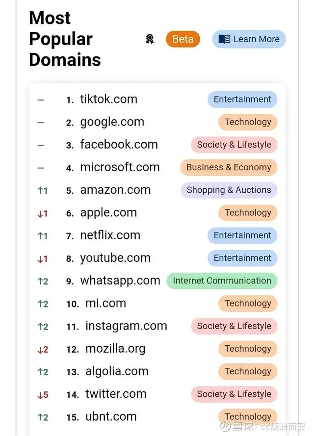 全球流量域名排名出炉 小米超过推特