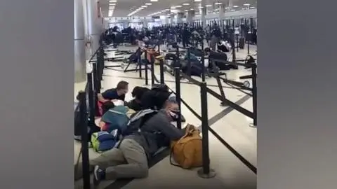 美机场枪支走火:乘客匍匐在地（人群四处逃散、行李丢满地）