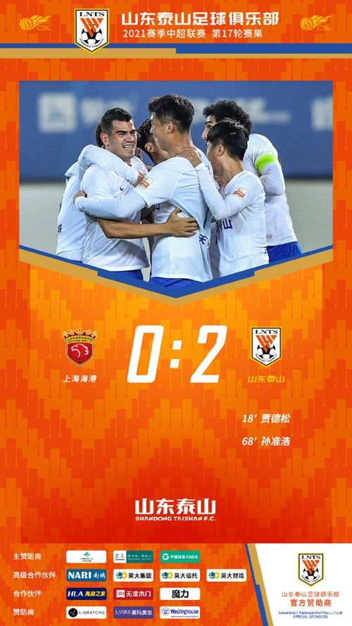 中超-山东泰山2-0海港8分领跑(中超-领先8分！孙准浩贾德松连场破门 泰山2-0海港8连胜)