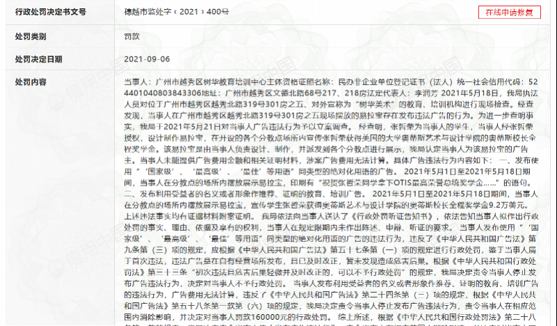 利用学员拿奖做宣传！树华教育违法发布广告被罚16万