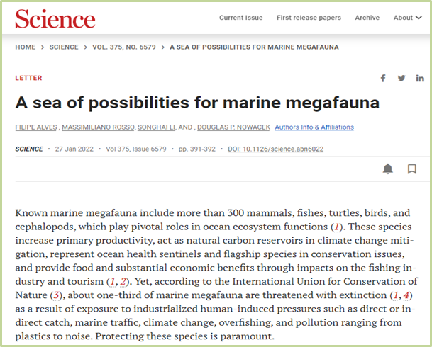 中美欧科学家联名在Science发文，共同呼吁加强海洋大型动物的研究和保护工作