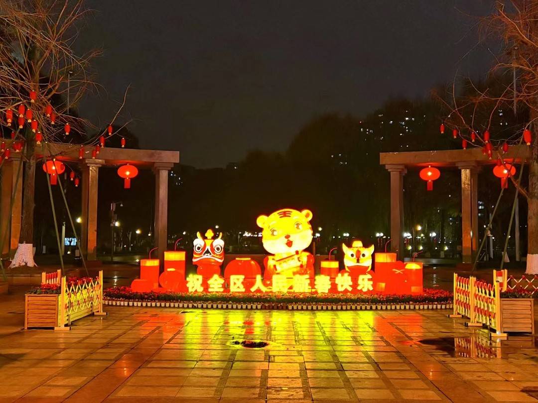 眼下,成都市温江区主干道上大红灯笼高高挂,街头的花卉景观也增添了
