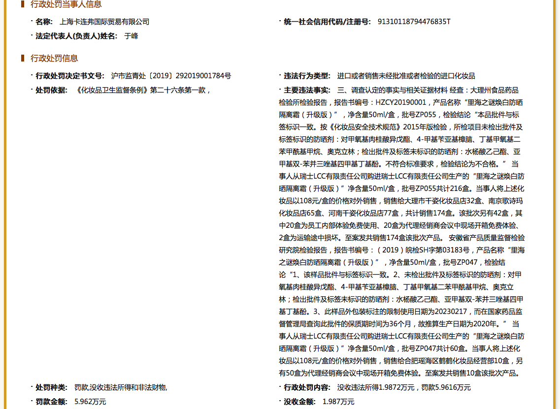 里海之谜一批次隔离霜国抽不合格！此前已两次被罚