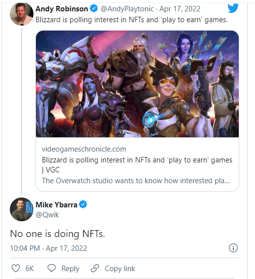 暴雪也要搞NFT了？暴雪总裁：没有的事儿