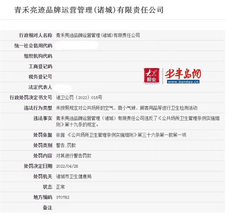 青禾亮跡品牌運營管理(諸城)有限責任公司被處罰