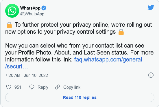WhatsApp面向所有用户提供增强隐私功能 包括上线时间、个人照片和状态