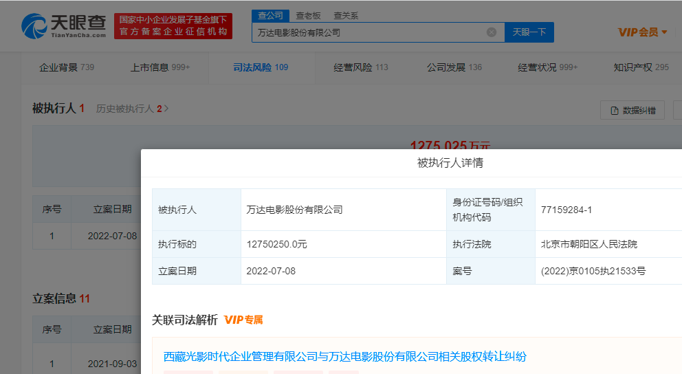 万达电影被强制执行1275万！万达电影成被执行人