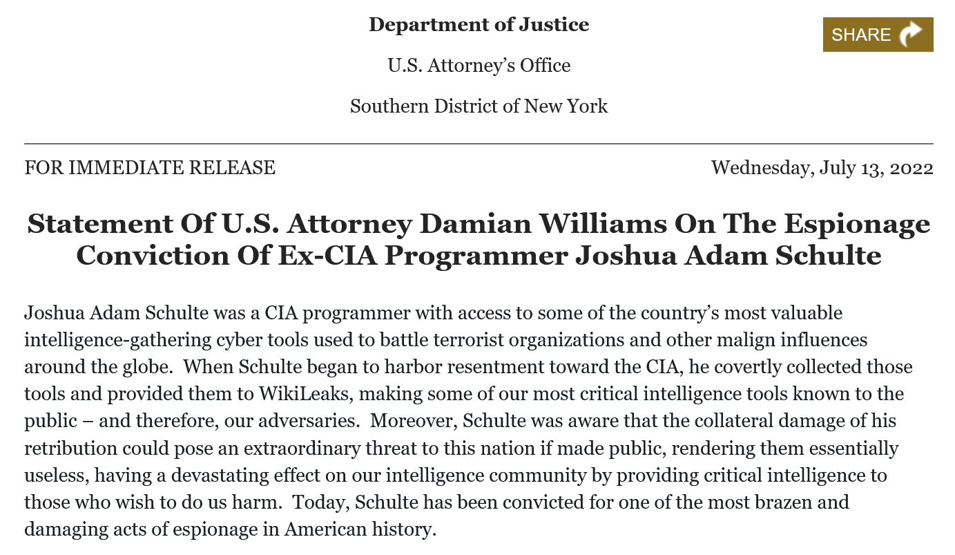 前CIA工程师因向维基解密发送机密黑客工具和信息而被定罪