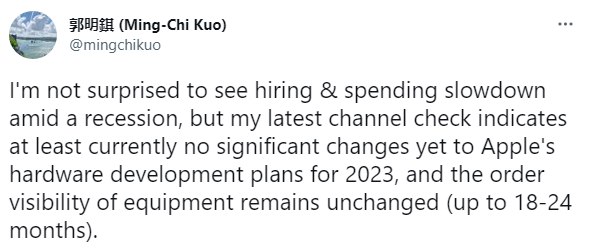 郭明錤：苹果2023年的硬件开发计划未发生重大变化