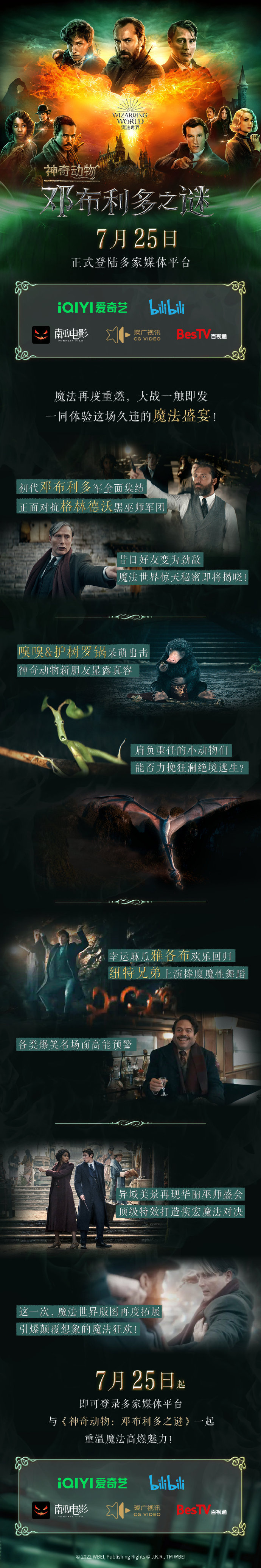 《神奇动物：邓布利多之谜》7月25日上线爱奇艺和B站等平台