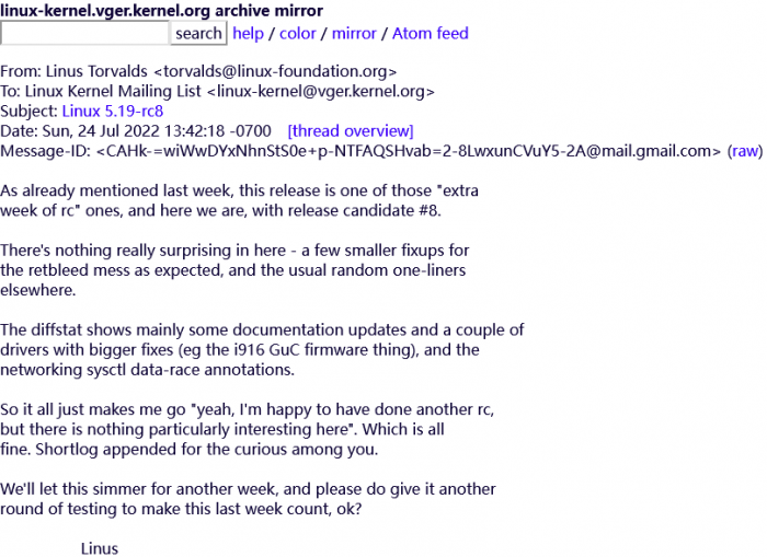 Linux 5.19-rc8 发布 完善Retbleed漏洞缓解、英特尔GuC固件修复