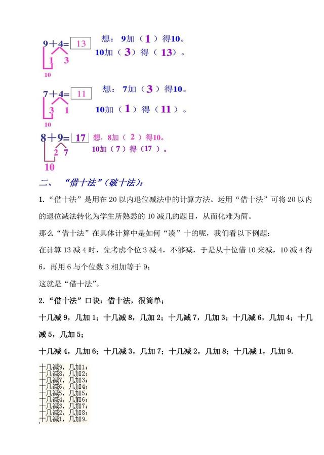 凑十法和借十法的口诀及运算方法，一年级数学学习口诀之“凑十法、破十法、借十法”口诀最后带习题